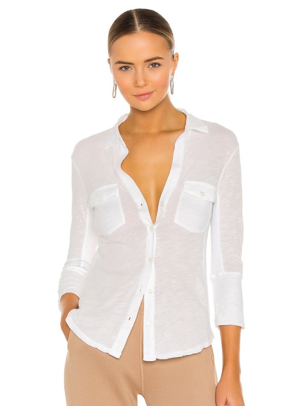 JAMES PERSE White 100% Cotton Voile Ribbed Panel Button Up Combo Shirt, Size 3/L